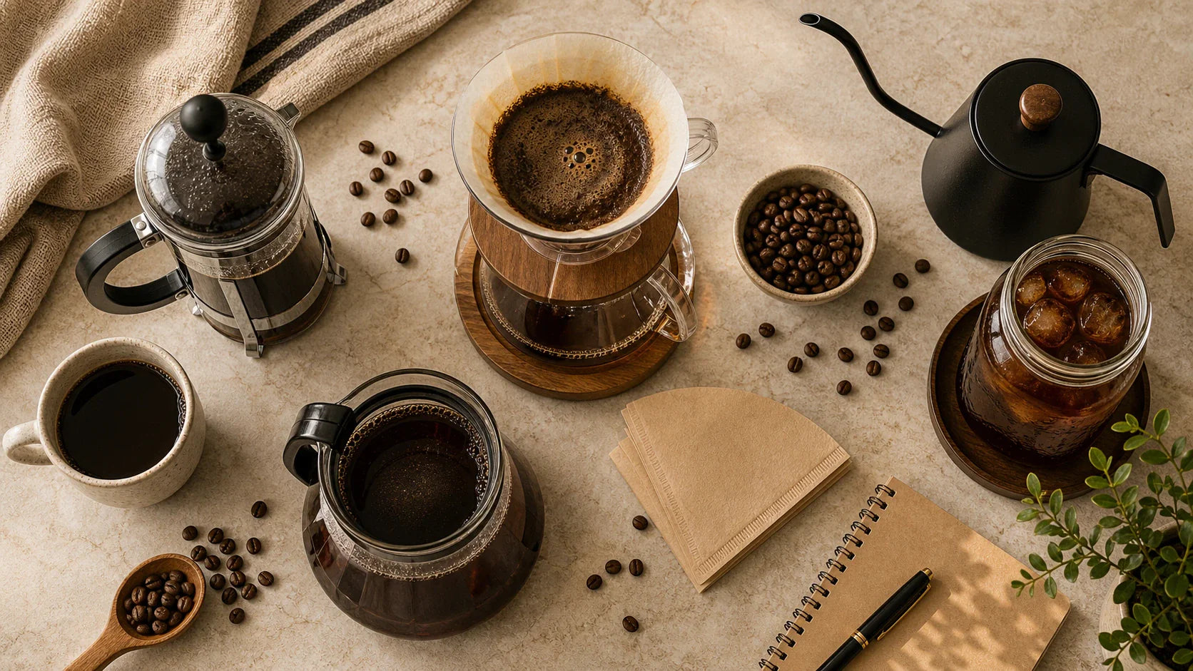 French press, pour-over, drip coffee, and cold brew tools arranged on a cream stone surface with scattered roasted beans.
