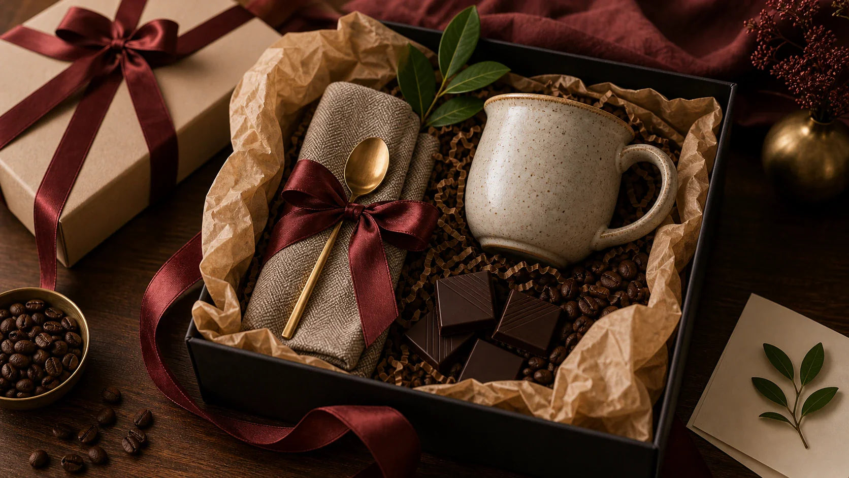 Open coffee gift box with ribbon, ceramic mug, chocolate pieces, and roasted coffee beans styled for premium gifting.