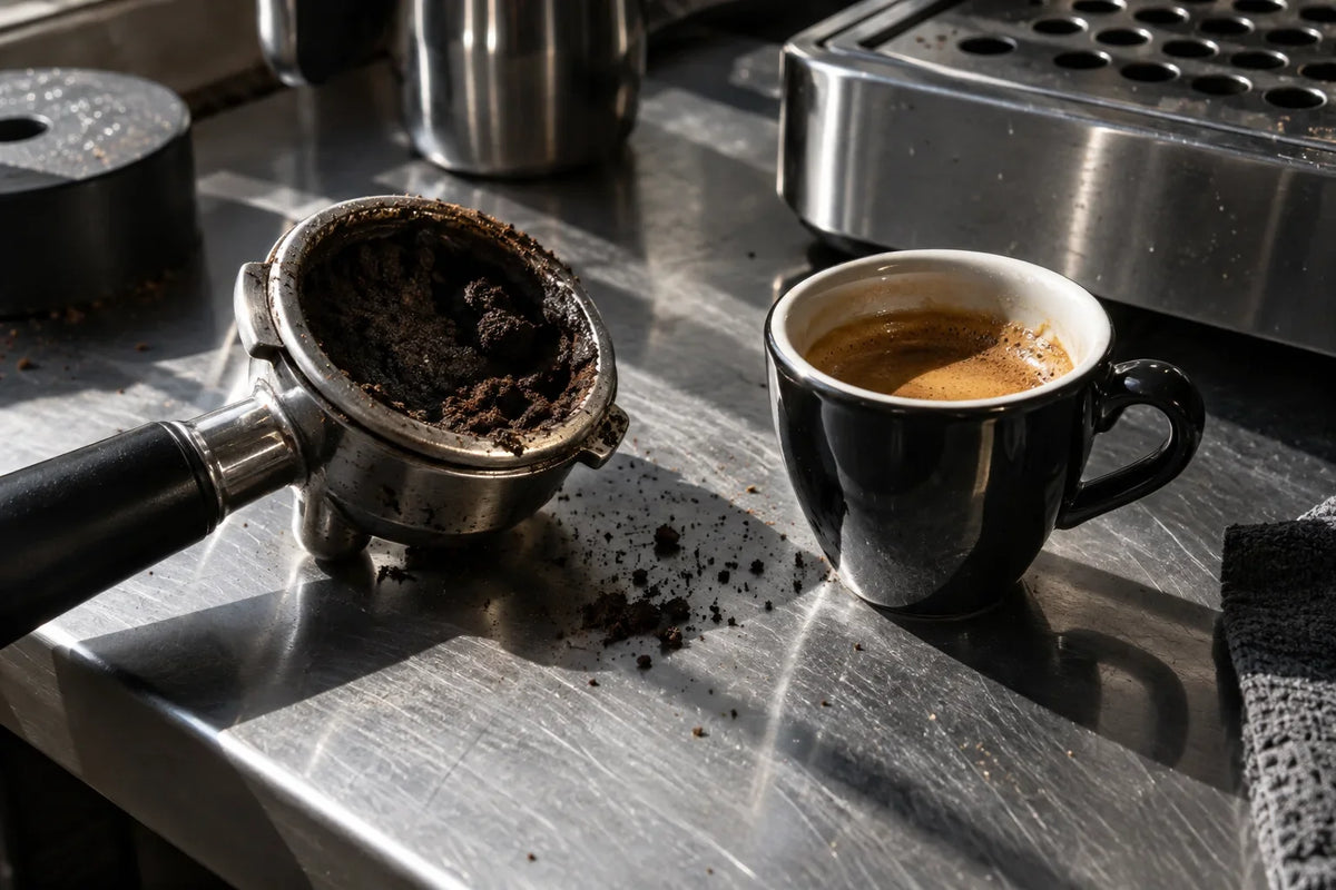 Used espresso basket and a black coffee cup on a stainless steel worktop.