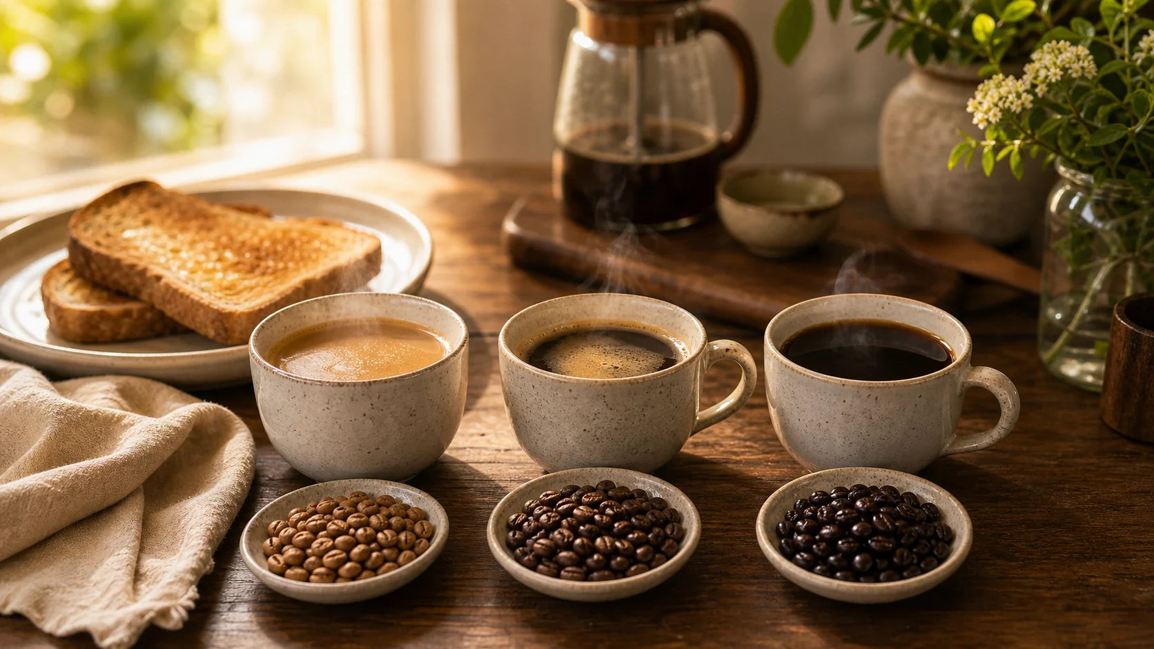 Three ceramic coffee cups with bowls of lighter and darker roasted beans styled in warm morning sunlight.