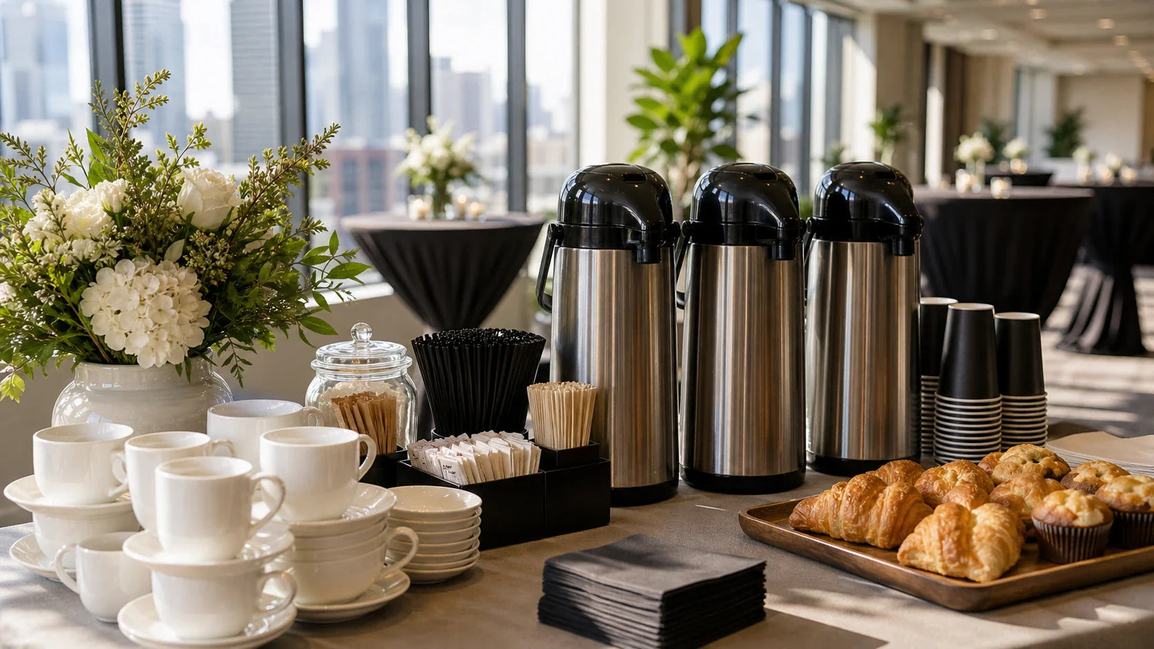 Corporate coffee hospitality station with thermal servers, cups, pastries, and floral accents in a bright event room.
