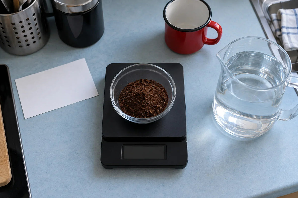 Coffee grounds on a digital scale beside a water jug and red enamel mug.