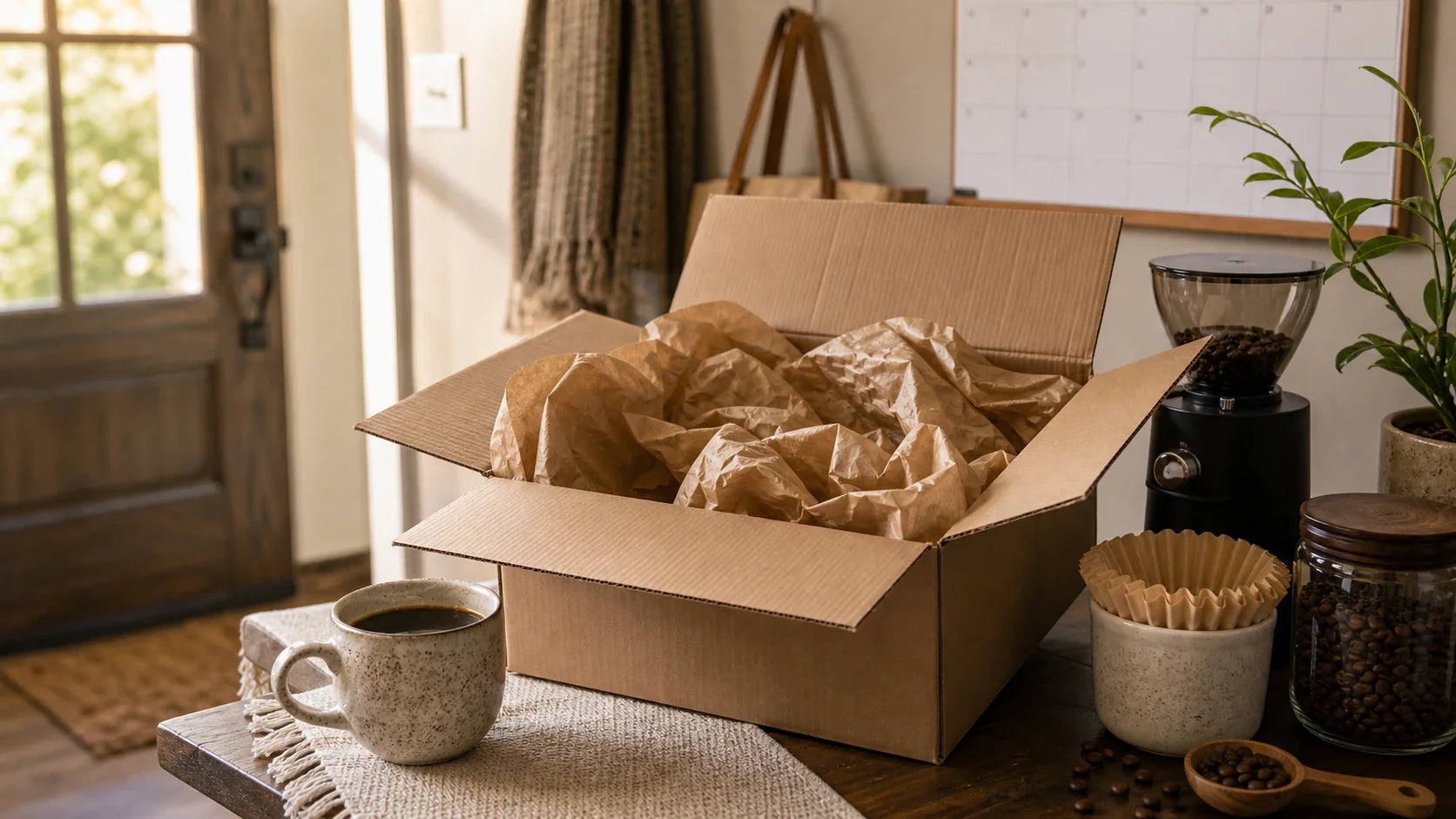 Open shipping box with tissue paper, coffee tools, and a mug styled to suggest a recurring home coffee subscription.