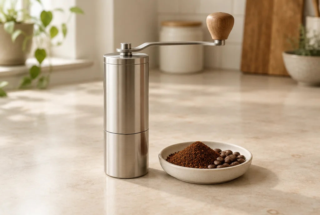 Manual coffee grinder beside a dish of coffee beans.