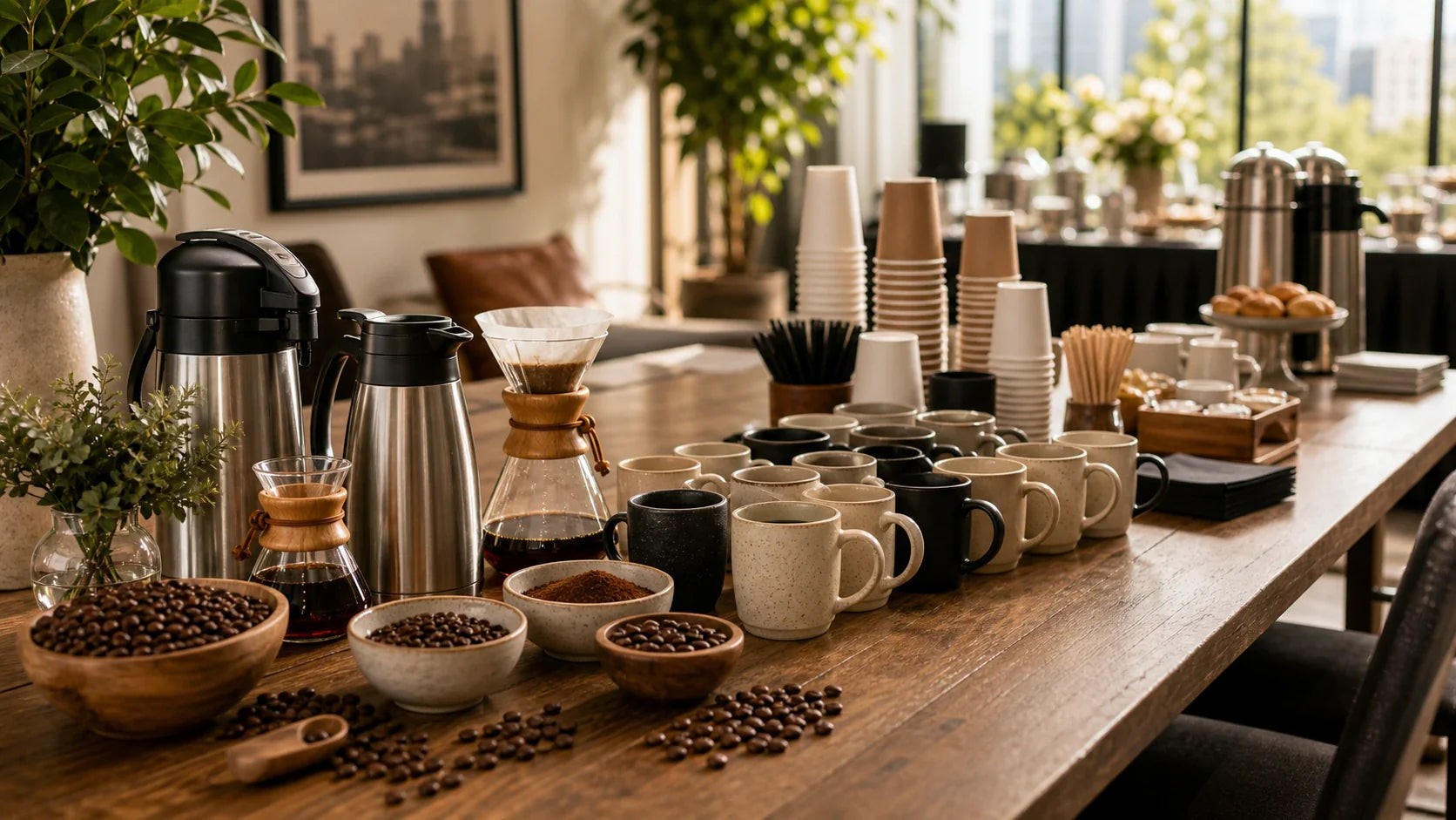 Long coffee service table with mugs, carafes, bowls of beans, and hospitality setup for home, office, and event planning.