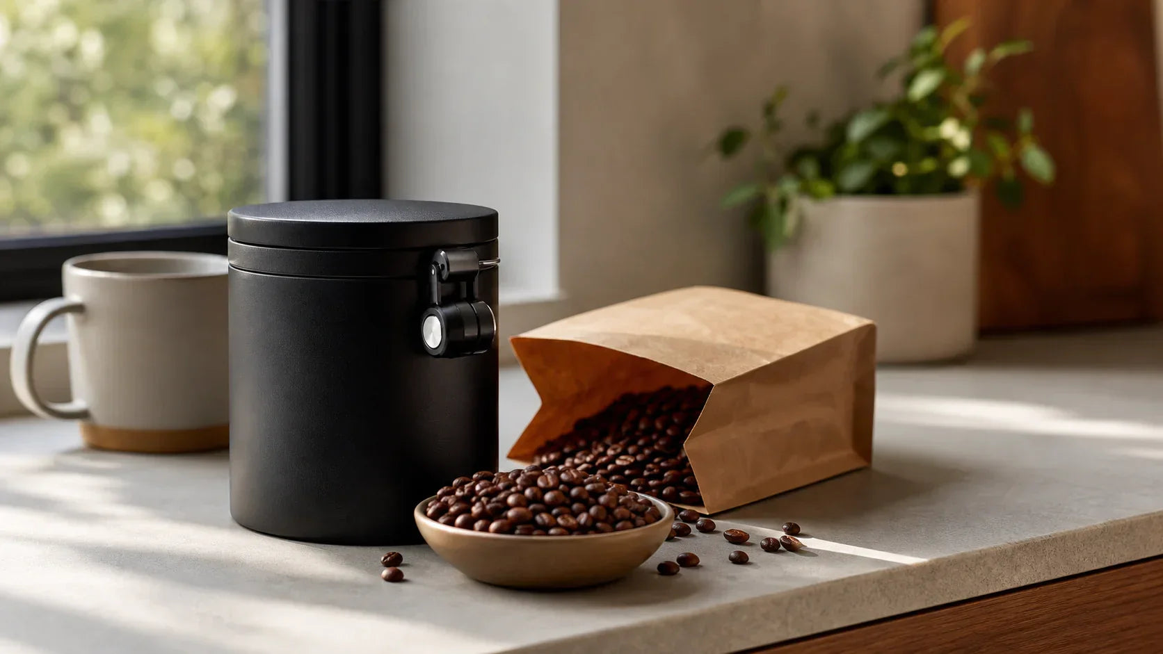 Whole coffee beans beside an airtight coffee canister for keeping fresh roasted coffee flavorful.