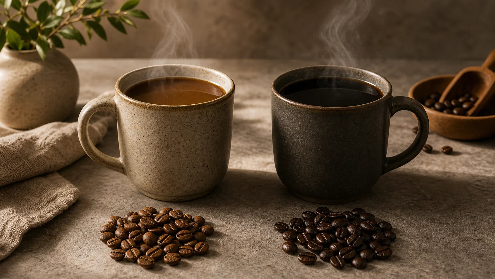 Two mugs of brewed coffee beside separate piles of medium and dark roasted beans on a stone tabletop.