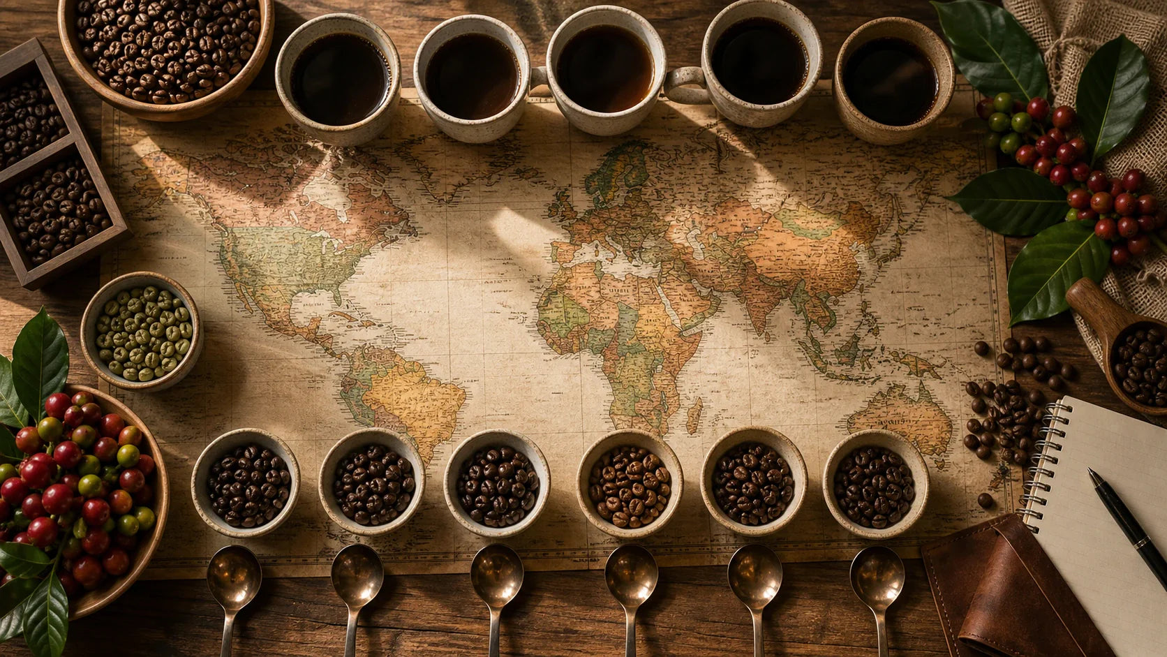World map tasting table with ceramic coffee cups, cupping spoons, coffee cherries, and bowls of roasted beans.