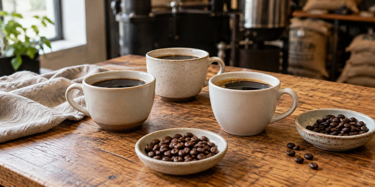 Three cups of black coffee and bowls of roasted beans on a wooden tasting table.