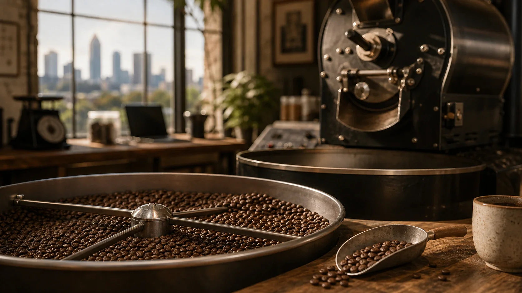 Artisan coffee roastery scene with a cooling tray of roasted beans, metal scoop, and an Atlanta skyline blurred in the background.
