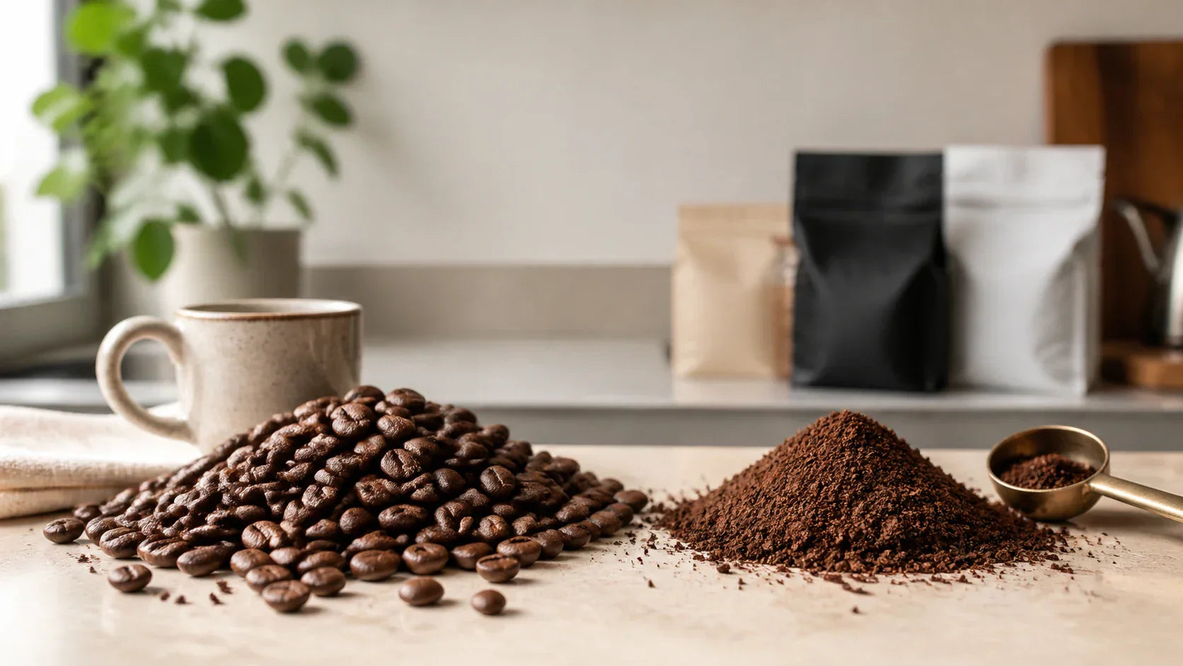 Whole bean and ground coffee on a kitchen counter for choosing the right coffee format.