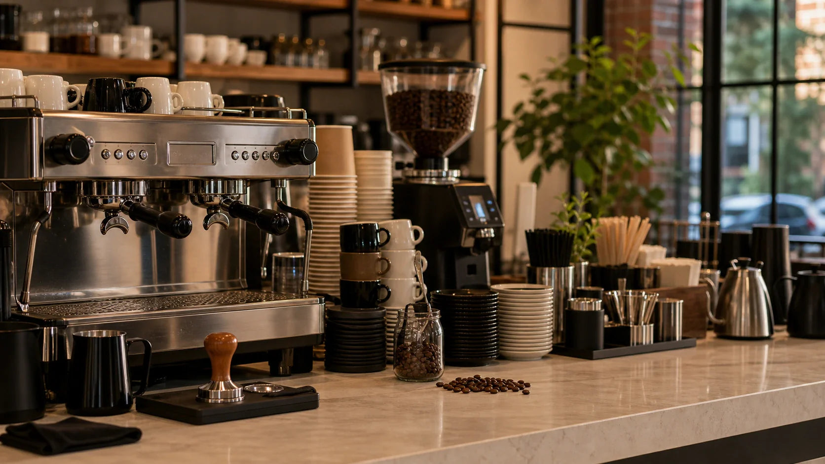 Cafe back-bar setup with espresso machine, stacked cups, grinder, and roasted beans arranged for wholesale coffee service.