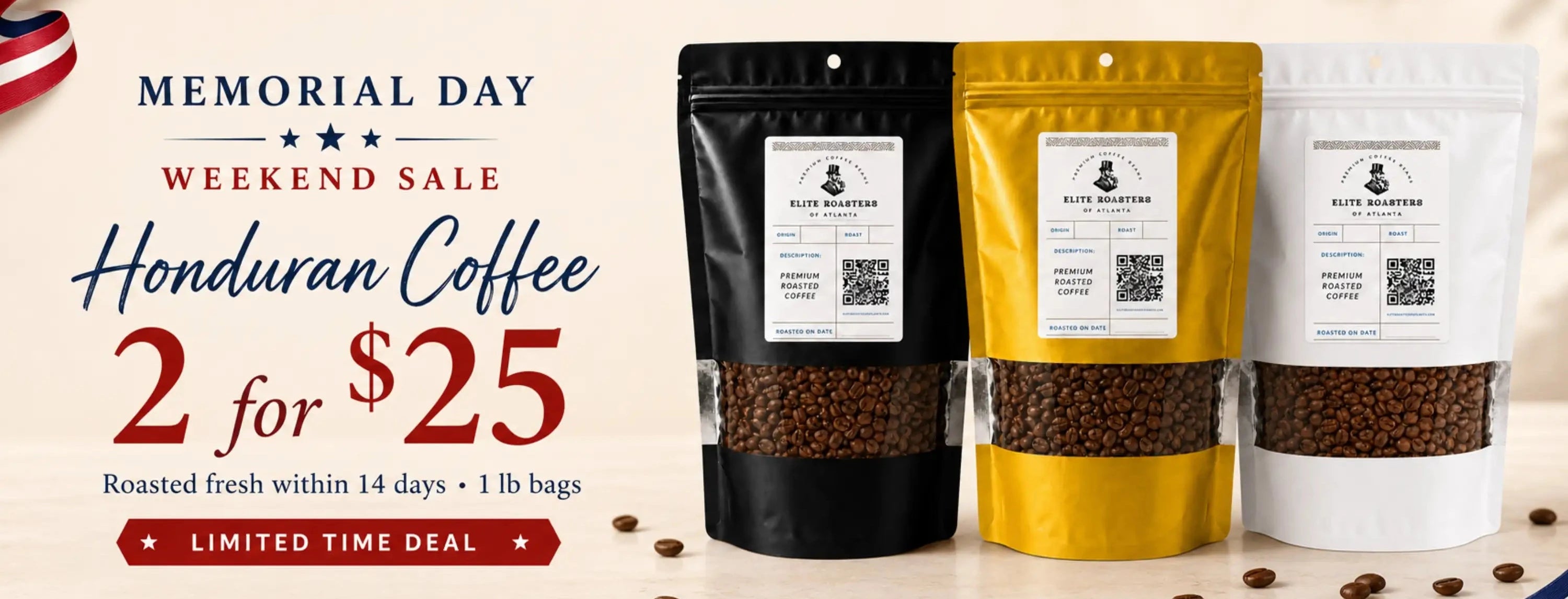 Memorial Day weekend 2 for $25 Honduran coffee homepage desktop hero.