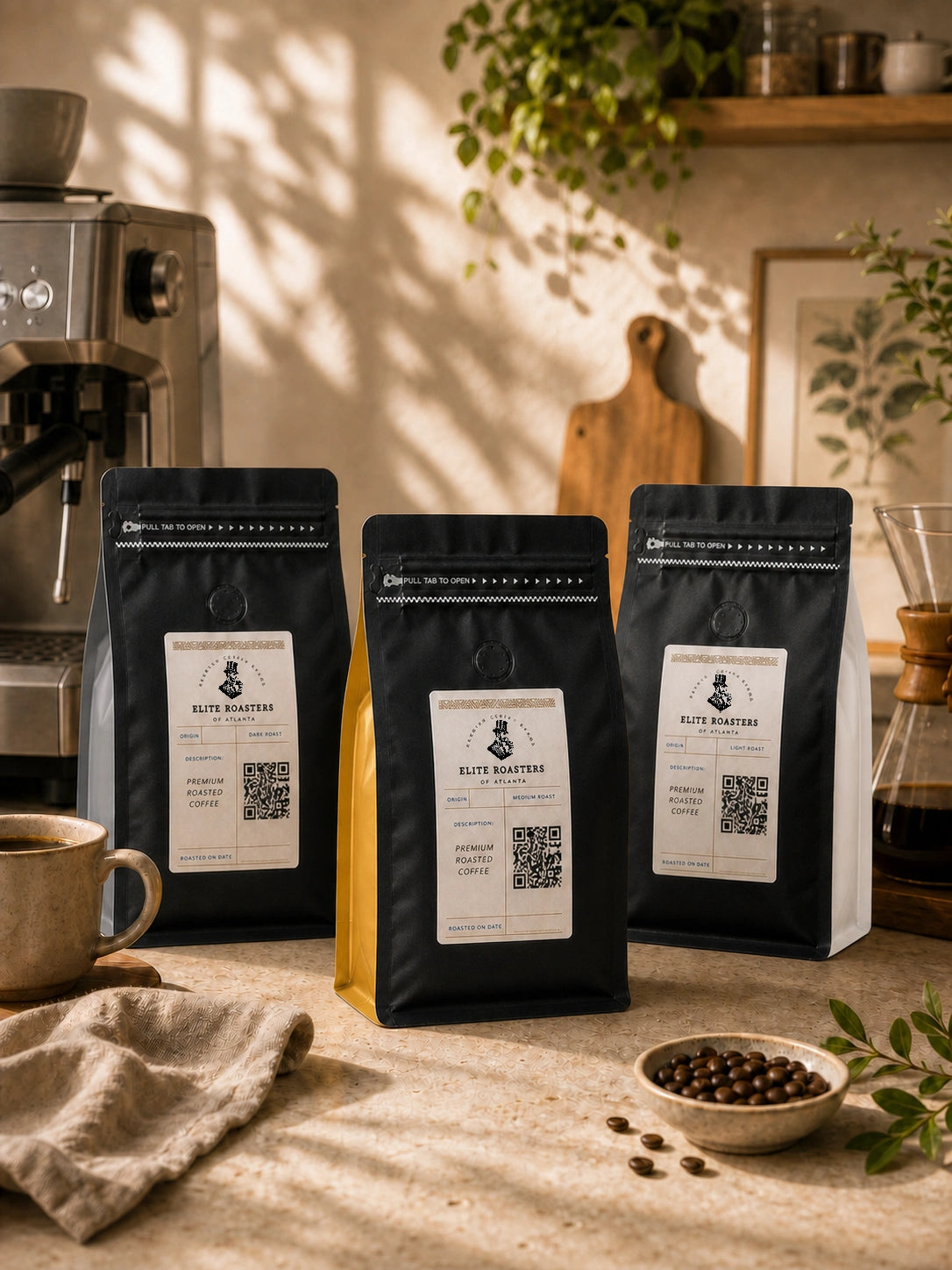 Elite Roasters light, medium, and dark roast coffee bags in a warm home coffee bar
