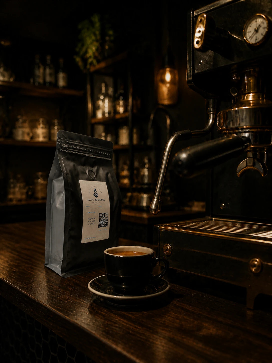 Elite Roasters dark roast coffee beside an espresso machine and freshly pulled espresso 