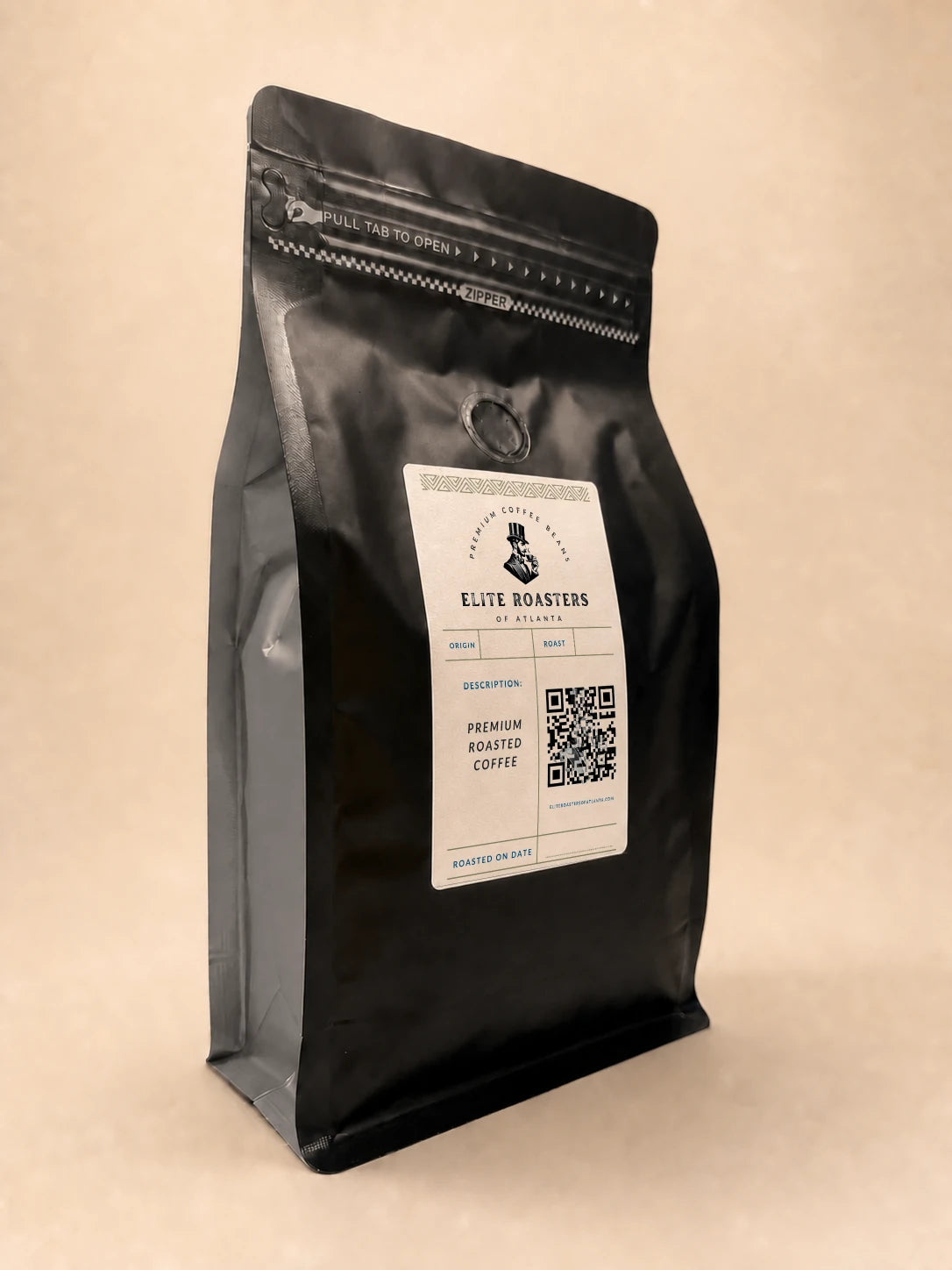 Three-quarter view of the Elite Roasters dark roast coffee bag with gray side gusset 