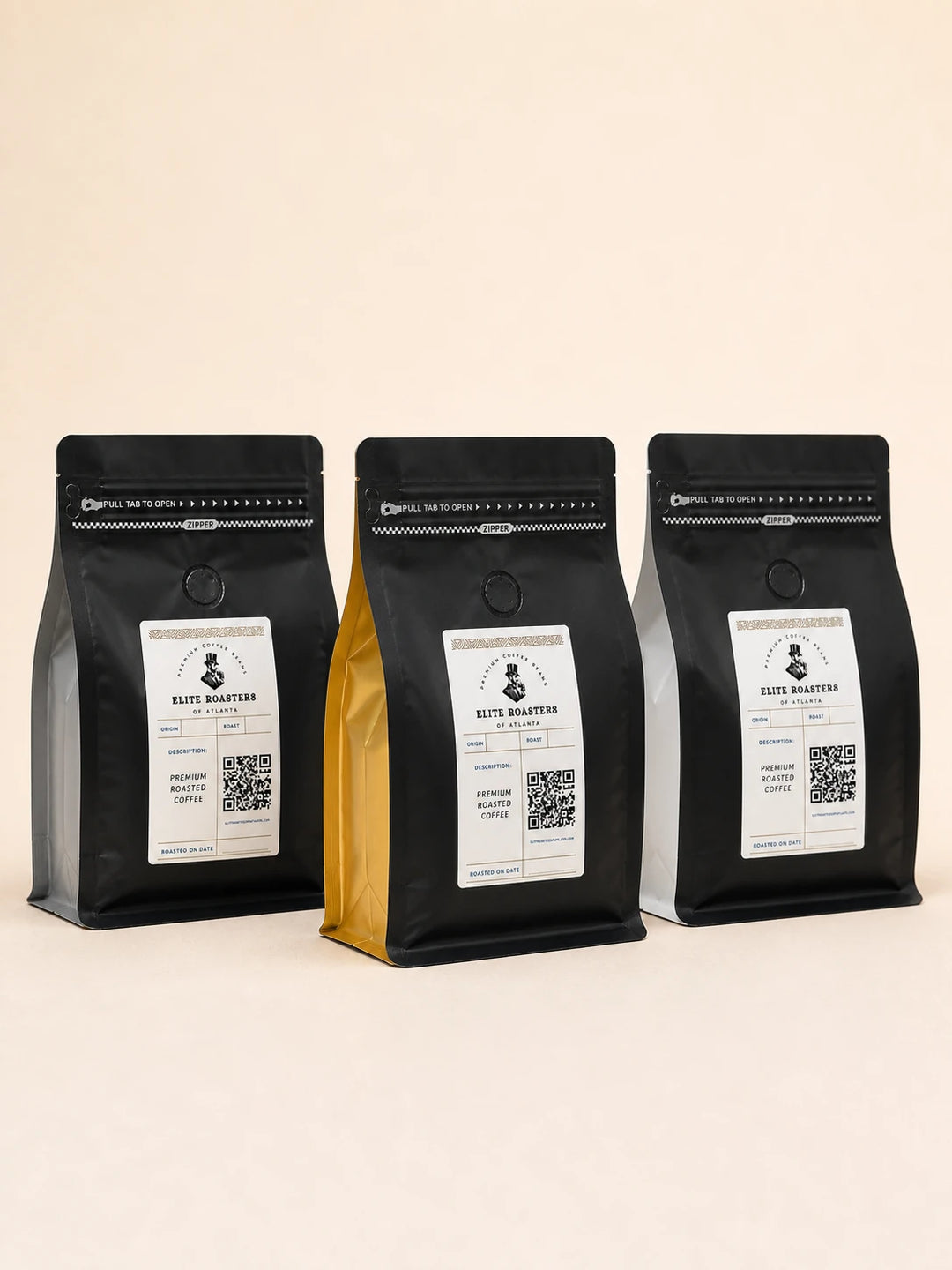 Elite Roasters of Atlanta light, medium, and dark roast coffee bags together