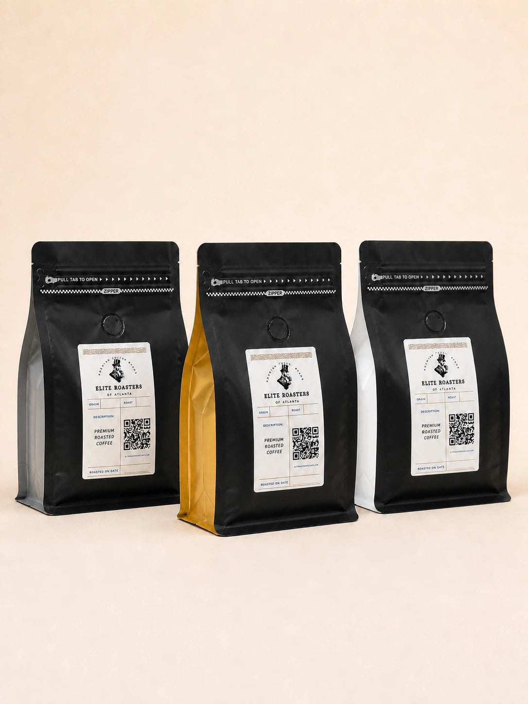 Elite Roasters of Atlanta light, medium, and dark roast coffee bags together