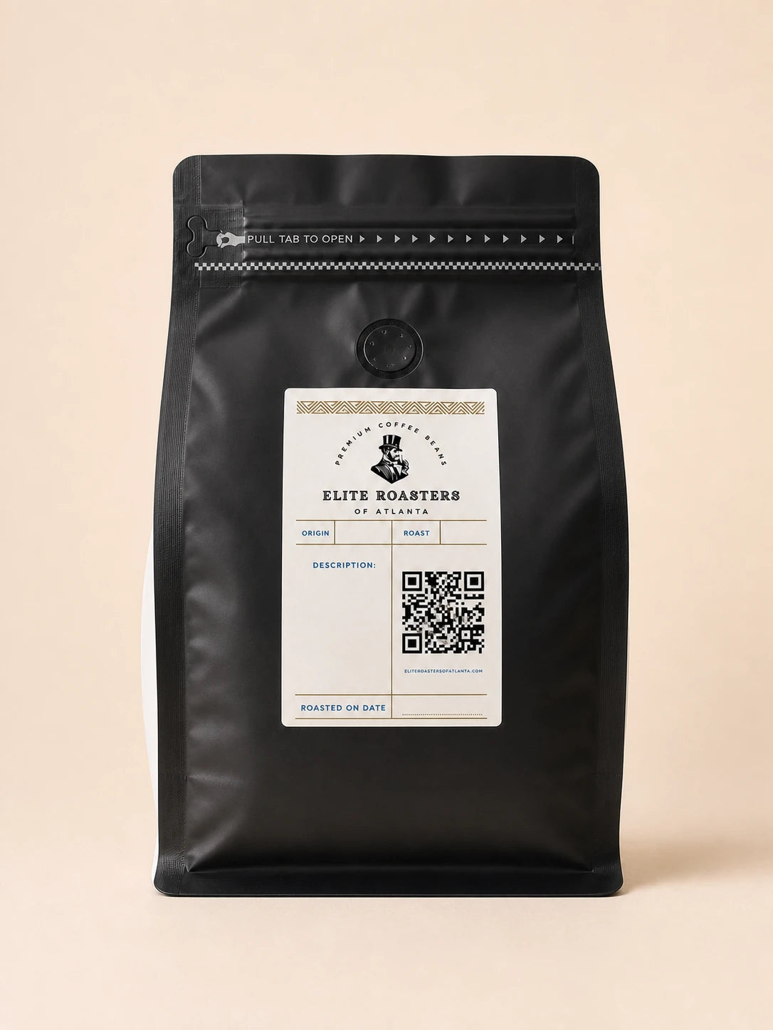Elite Roasters of Atlanta light roast coffee in the new black 1 lb bag with white side gusset 