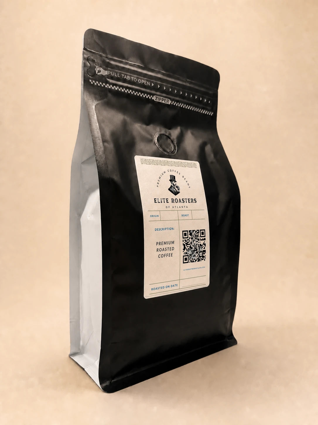 Three-quarter view of the Elite Roasters light roast coffee bag with white side gusset 