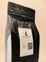 Close-up of the resealable zipper and freshness valve on an Elite Roasters coffee bag 