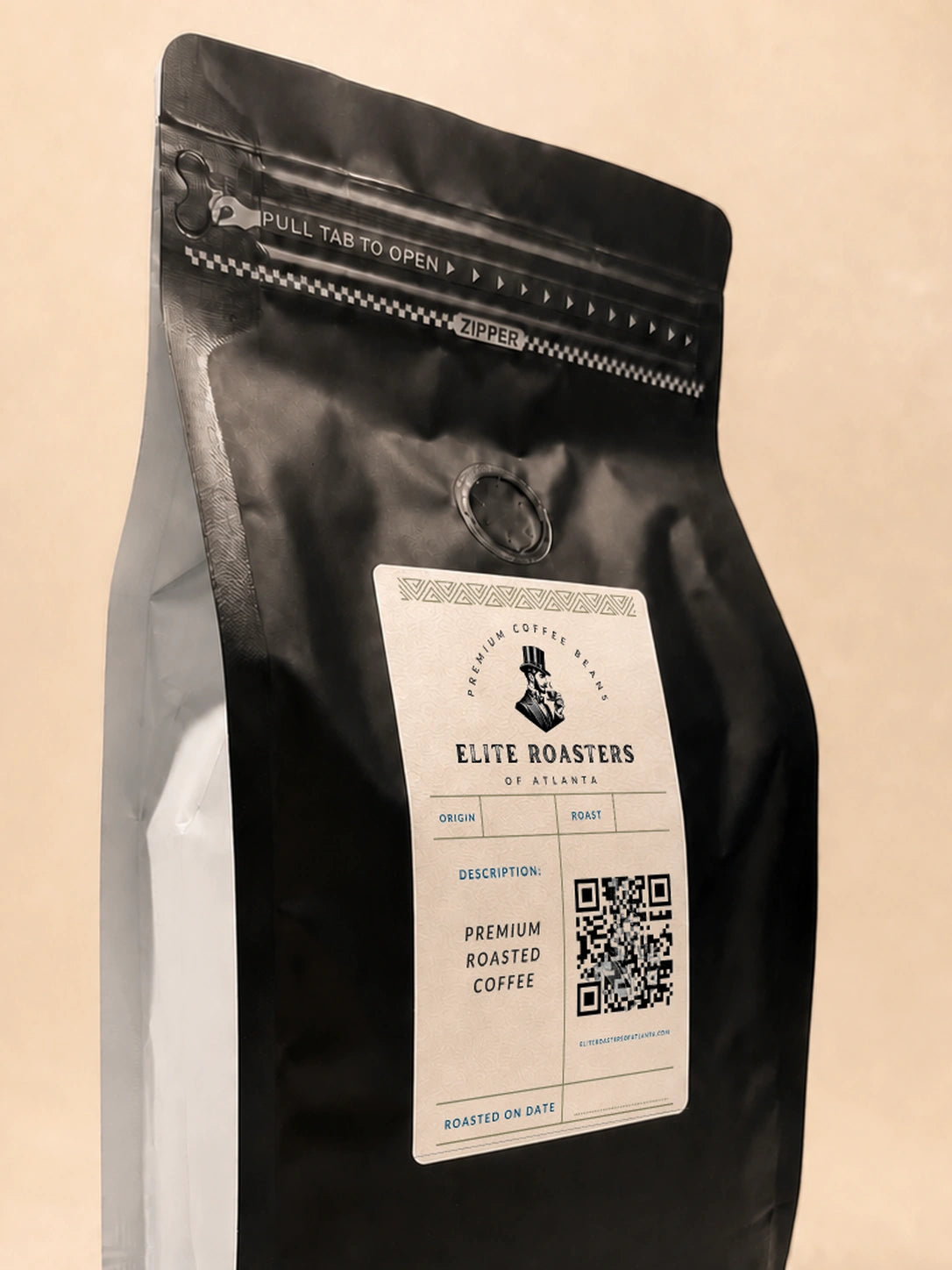 Close-up of the resealable zipper and freshness valve on an Elite Roasters coffee bag 