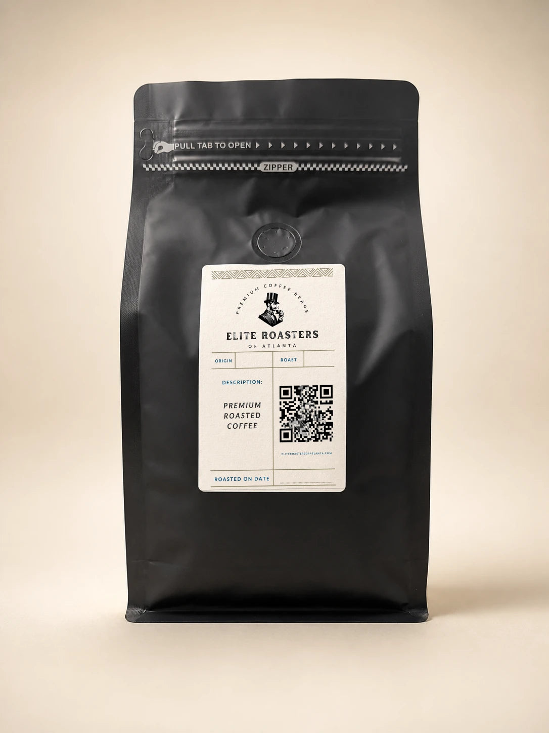 Elite Roasters of Atlanta medium roast coffee in the new black 1 lb bag with gold side gusset 
