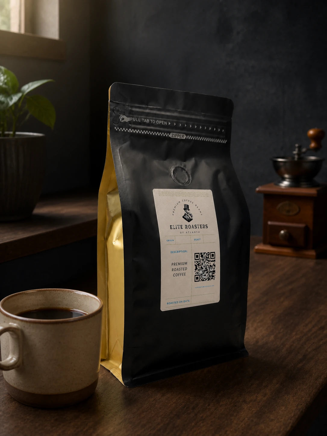 Elite Roasters medium roast coffee beside a ceramic cup and manual coffee grinder 