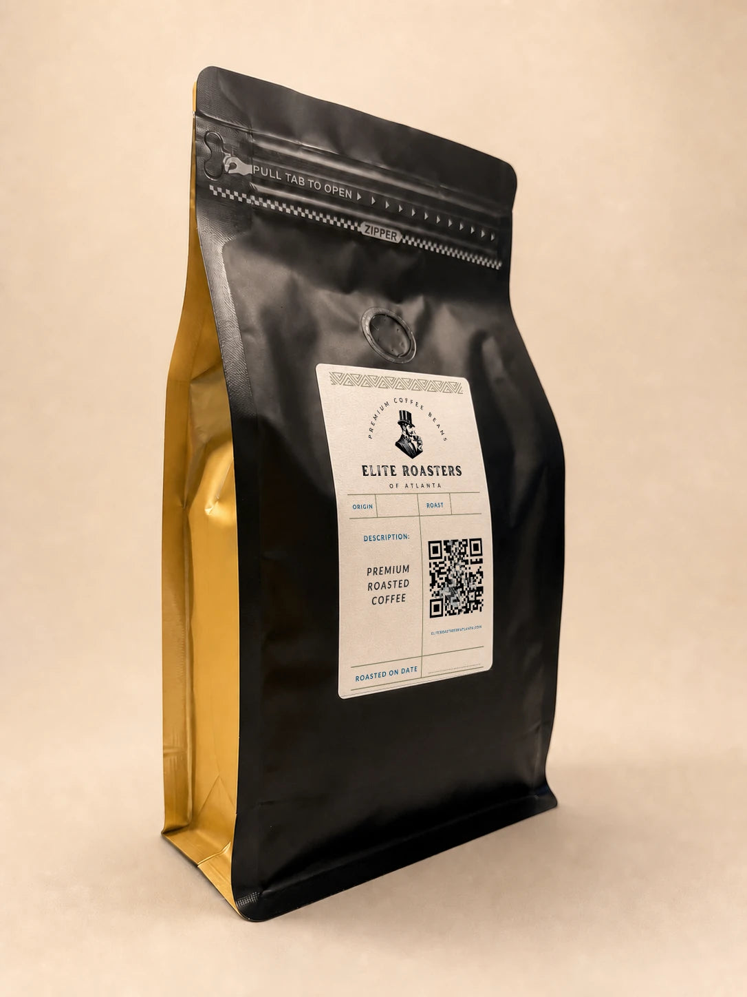 Three-quarter view of the Elite Roasters medium roast coffee bag with gold side gusset 