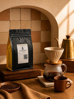 Elite Roasters medium roast coffee in a warm artisan pour-over coffee scene 