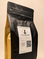 Close-up of the resealable zipper and freshness valve on an Elite Roasters medium roast bag 