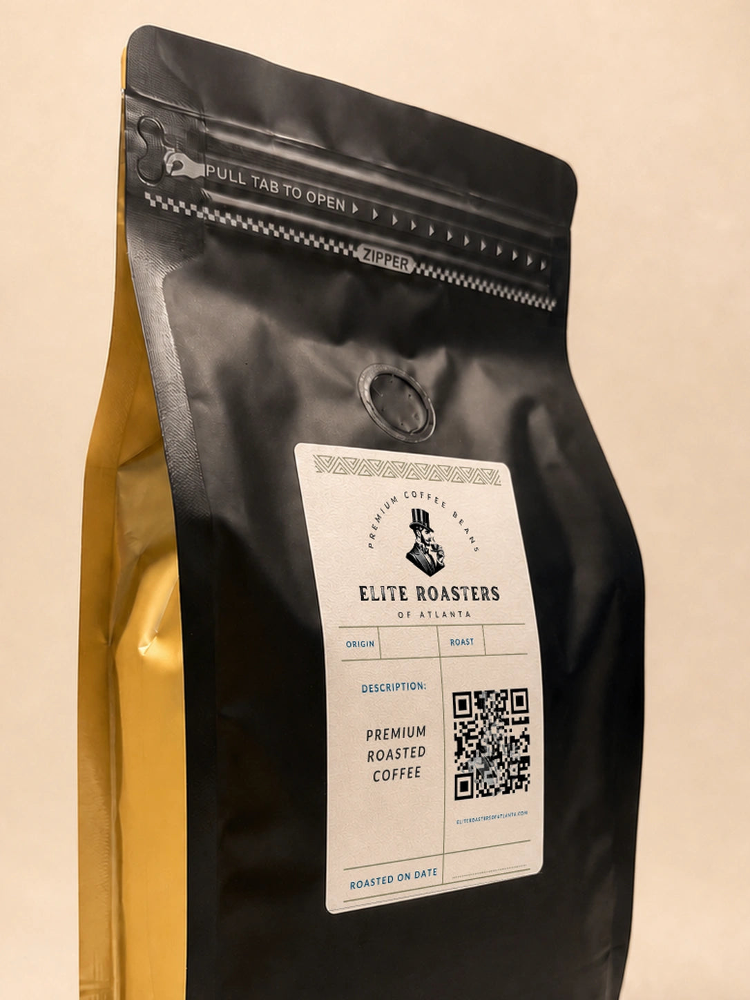 Close-up of the resealable zipper and freshness valve on an Elite Roasters medium roast bag 