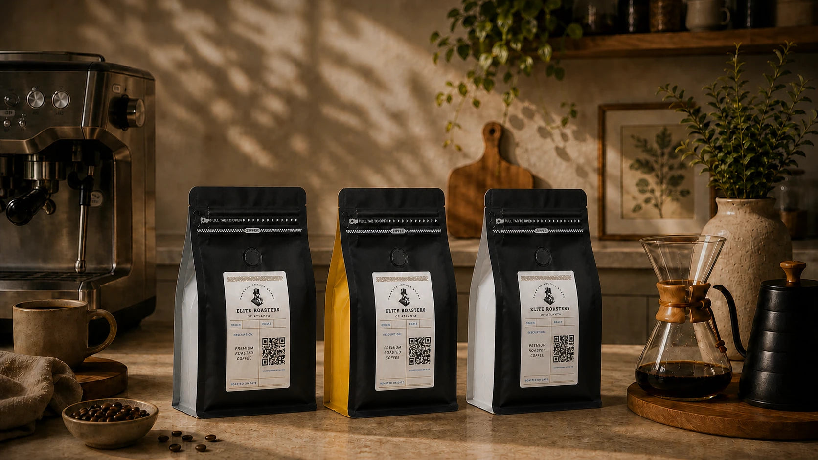 Elite Roasters of Atlanta light, medium, and dark roast coffee bags