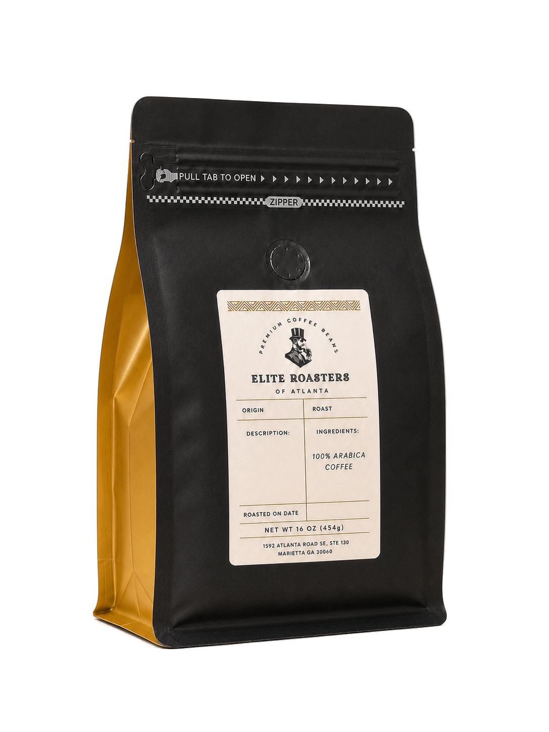 Two current Elite Roasters 1 lb coffee bags with real labels
